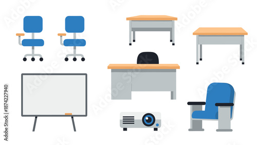 Modern office and classroom furniture collection with chairs, desks, and projector