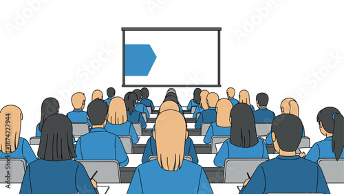 Audience in seminar: back view of people in conference with presentation screen