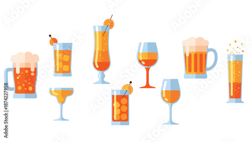Collection of modern cocktail and beer glasses with refreshing drinks and garnishes