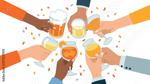 Multicultural celebration cheers with diverse hands and drinks