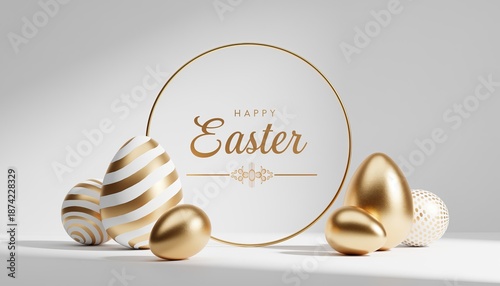 Elegant Happy Easter greeting with luxurious golden and white decorative eggs on a clean background