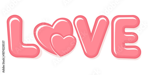 Cute pink love text with heart shapes, isolated on white, vector illustration