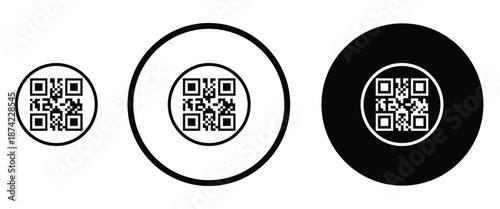 Three minimalist black and white QR code icons arranged horizontally on a transparent background. Left: standard square QR pattern. Center: QR inside thin white circle on black. Right: QR inside thick