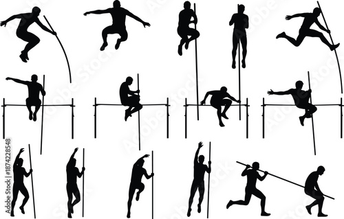 Pole vault athlete silhouettes set, jumping over bar, running with pole, track and field sports competition, athletic man jumping, high jump action icons,