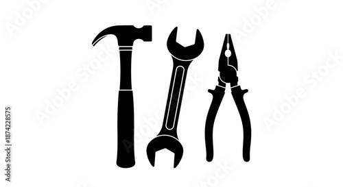 Three black silhouettes of hammer wrench and pliers on white background tools for construction and repair work diy and maintenance with hardware