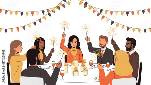 Festive celebration: diverse friends enjoying a holiday dinner with sparklers and decorative lights