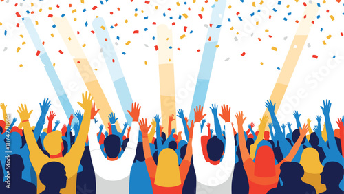 Colorful celebration with raised hands under confetti and lights in fl