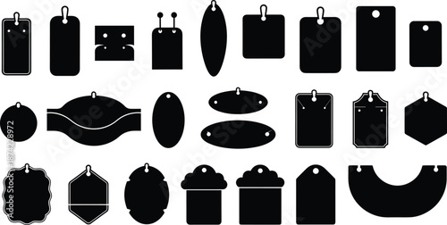 Set of black vector tag silhouettes, various price labels for retail branding, hanging sale tag icons, blank paper stickers for products, creative design templates.