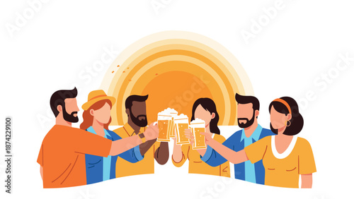 Friends celebrating with beer under a sunset in flat style