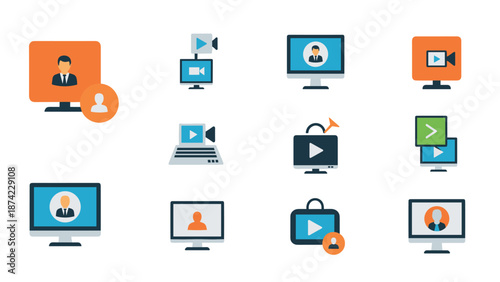 Flat style media icons set: video conferencing and communication symbols