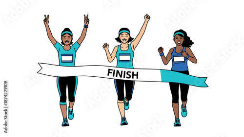 Celebrating victory: running women cross finish line with excitement a