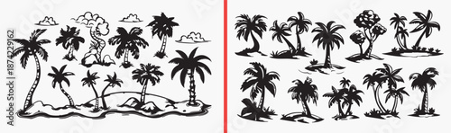 palm tree silhouette collection, tropical shadow artwork, beach sunset design, island tree outline sketch, hand drawn palm silhouette, paradise scene illustration, summer landscape clipart, printable 