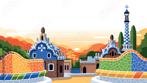 Colorful mosaic landscape of iconic architectural park at sunset