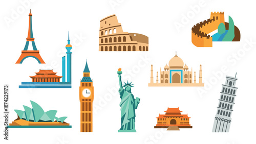Iconic world landmarks collection featuring famous cultural and historic architectural symbols in flat design