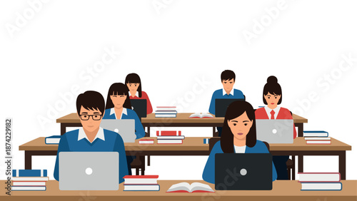 Students in classroom studying with laptops and books in flat style