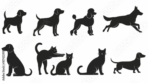 Collection of dog and cat silhouettes in various poses.