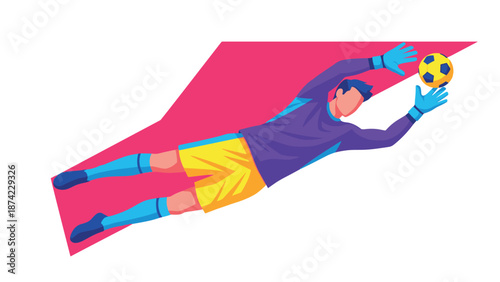 Dynamic soccer goalkeeper in action with bold geometric background in