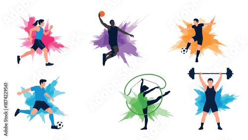 Dynamic sports silhouettes with colorful abstract splashes