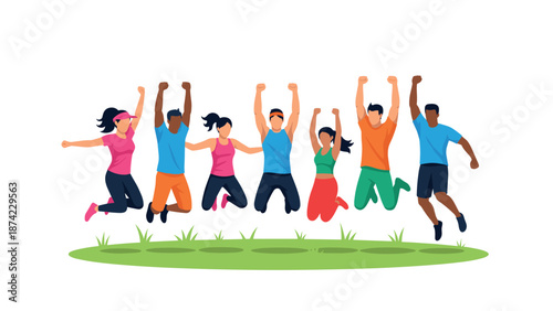 Group of diverse individuals jumping in joyful celebration on grass background