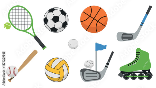 Colorful sports equipment set featuring tennis, soccer, basketball, hockey, baseball, volleyball, golf, and roller skating