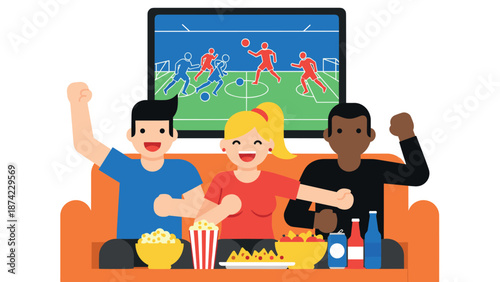 Diverse friends watching soccer game and enjoying snacks on couch