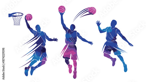 Dynamic basketball players artwork with colorful silhouettes and motio