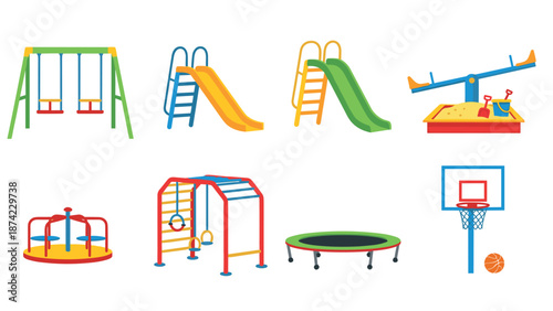 Colorful playground equipment for kids: swings, slides, and more