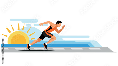 Athlete sprinting at sunrise on track with dynamic background in flat design