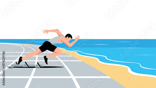Athlete sprinting on coastal track in minimalist style with ocean view