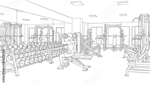 Modern gym interior with weightlifting equipment and mirrors in linear style