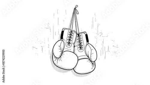 Hanging boxing gloves sketch with grunge background for sports design