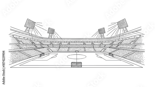 Linear soccer stadium outline with lights and seating sections