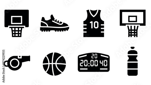 Basketball icons set: silhouette collection of sports equipment and gear