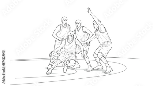 Dynamic line art of basketball players in action on the court