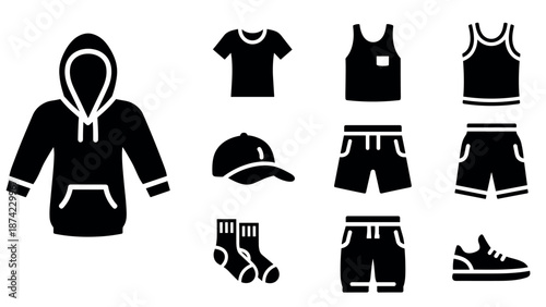 Silhouette collection of casual sportswear icons including hoodie, t-shirt, cap, and sneakers