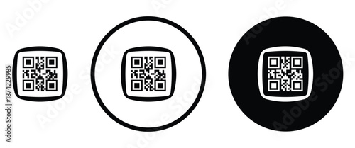 Three minimalist black and white QR code icons arranged horizontally on a transparent background. Left: standard square QR pattern. Center: QR inside thin white circle on black. Right: QR inside thick