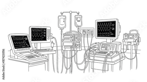 Medical equipment line art: monitors, infusion pumps, and ventilators