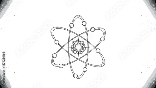 Monochrome atomic outline with orbiting electrons and dotted border