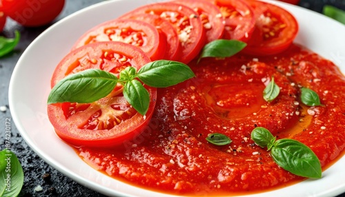 Fresh Tomato Sauce with Sliced Tomatoes and Basil Garnish.