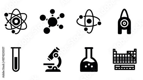 Educational science icons set: atoms, molecules, laboratory equipment, and rocket