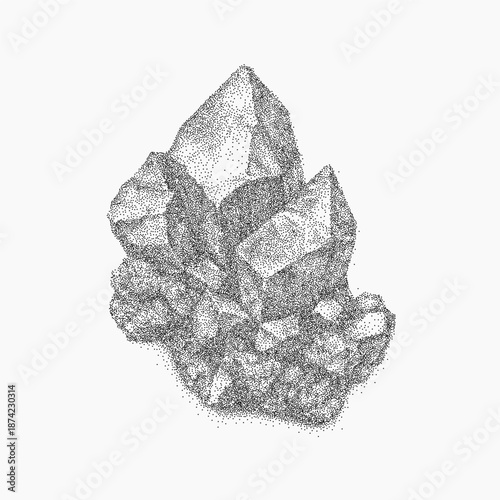 Beautiful mineral with layered crystal veins, ink stippling and dusty noise, soft shadows and paper grain across a textured surface with vintage tone.