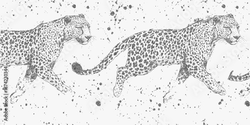 Repeating pattern of running leopards with vintage stipple effect, halftone grain and retro movement, textured dust and aged photocopy imperfections.