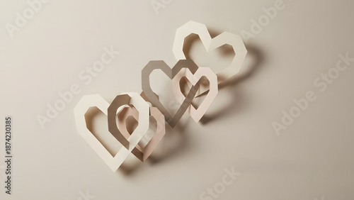 Three white heart-shaped decorations arranged in a row on a plain surface