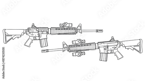 Detailed outline of modern rifle with attachments in linear style