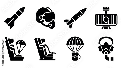 Collection of aviation icons featuring rockets, helmets, and parachutes in silhouette style