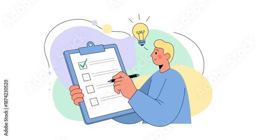 Man with clipboard and pen checking boxes on form with checklist and lightbulb idea with planning and organization and business and productivity
