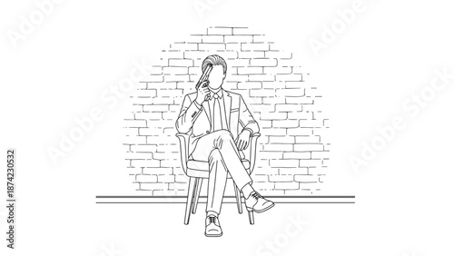 Businessman silhouette in modern linear style against brick wall