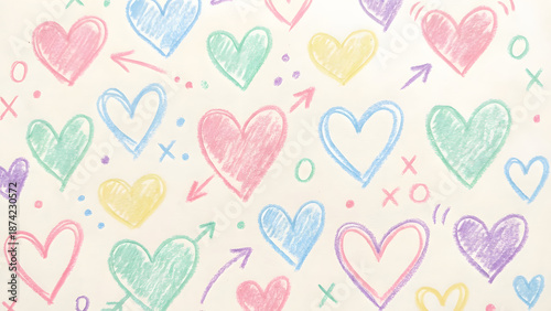 A vibrant pattern of colorful hearts and symbols on a soft background viewed from directly above