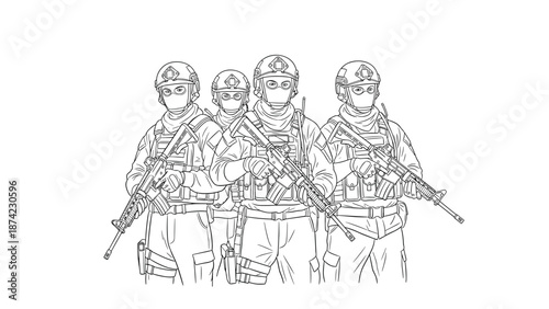Linear drawing of armed soldiers in tactical gear with rifles