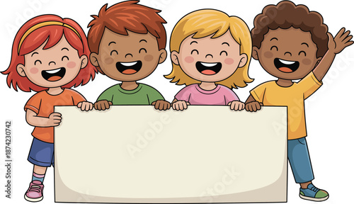 Happy diverse children holding blank banner, cute cartoon kids illustration, education friendship concept, smiling multicultural group with empty sign